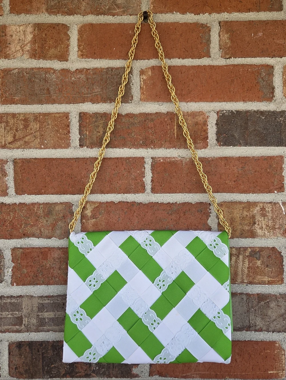 Green and White Vintage BABS' Hand Woven Ribbon Shoulder Clutch Gold Chain Strap